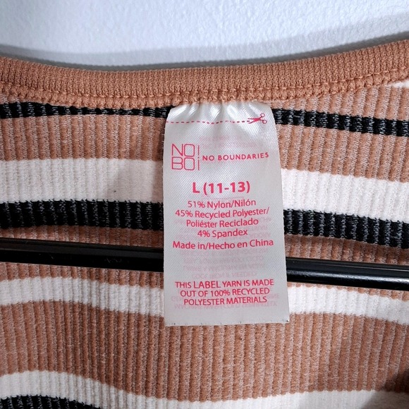 No Boundaries Ribbed Striped Button Front Scoop Neck Top Brown White L 11-13 - Picture 5 of 5